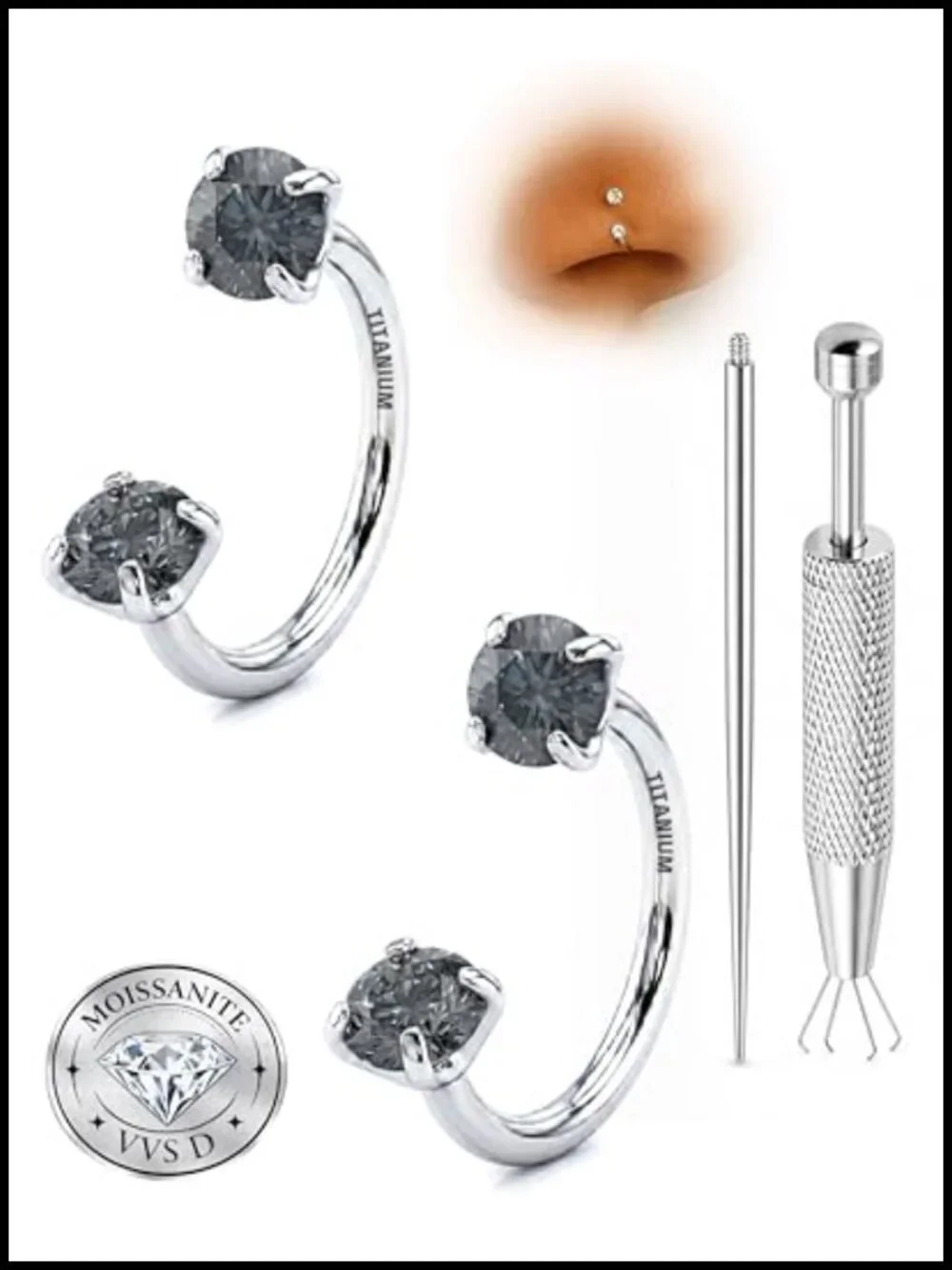 20g Titanium Moissanite Horseshoe Nose Rings with Piercing Tools